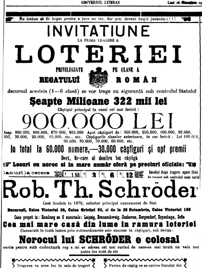 Reclamă pentru prima tragere a Loteriei Oficiale a Statului Român, în anul 1906